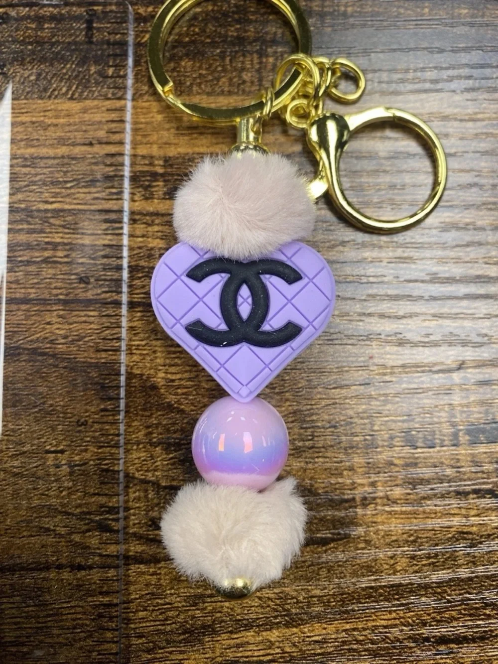 Gold Keyring with Lavender Heart Logo Charm and Pink Fur Accents